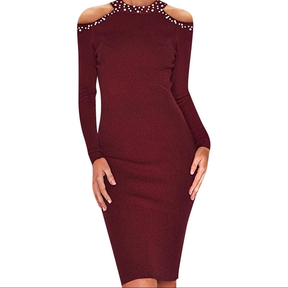 Burgundy Cold Shoulder Knit/Ribbed Sweater Dress